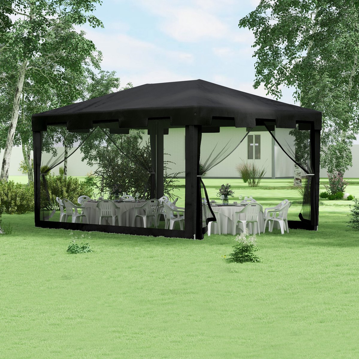 MEUNIQ paviljoen partytent 395 x 295 x 255 cm met 4 netzijwanden, 2 ritsopeningen, waterafstotend PE dak en metalen frame voor tuin, balkon of terras, donkergrijs