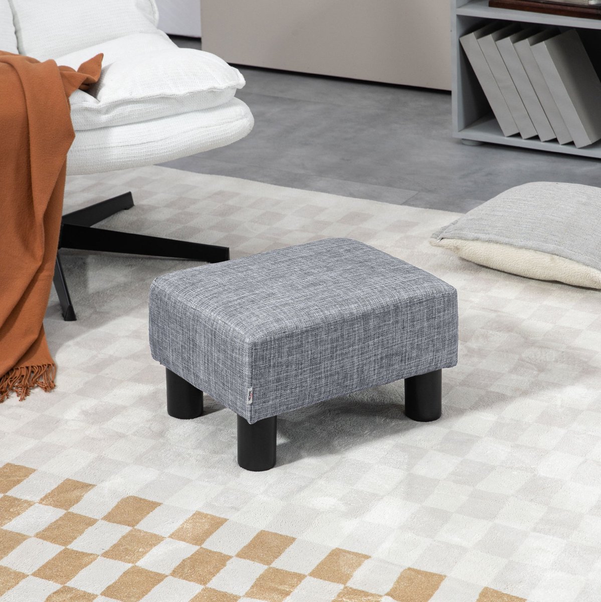 MEUNIQ Voetenbankje en hocker 40 x 30 x 24 cm, rechthoekige ottoman met linnen bekleding, 110 kg belastbaar, voor woonkamer of hal, grijs