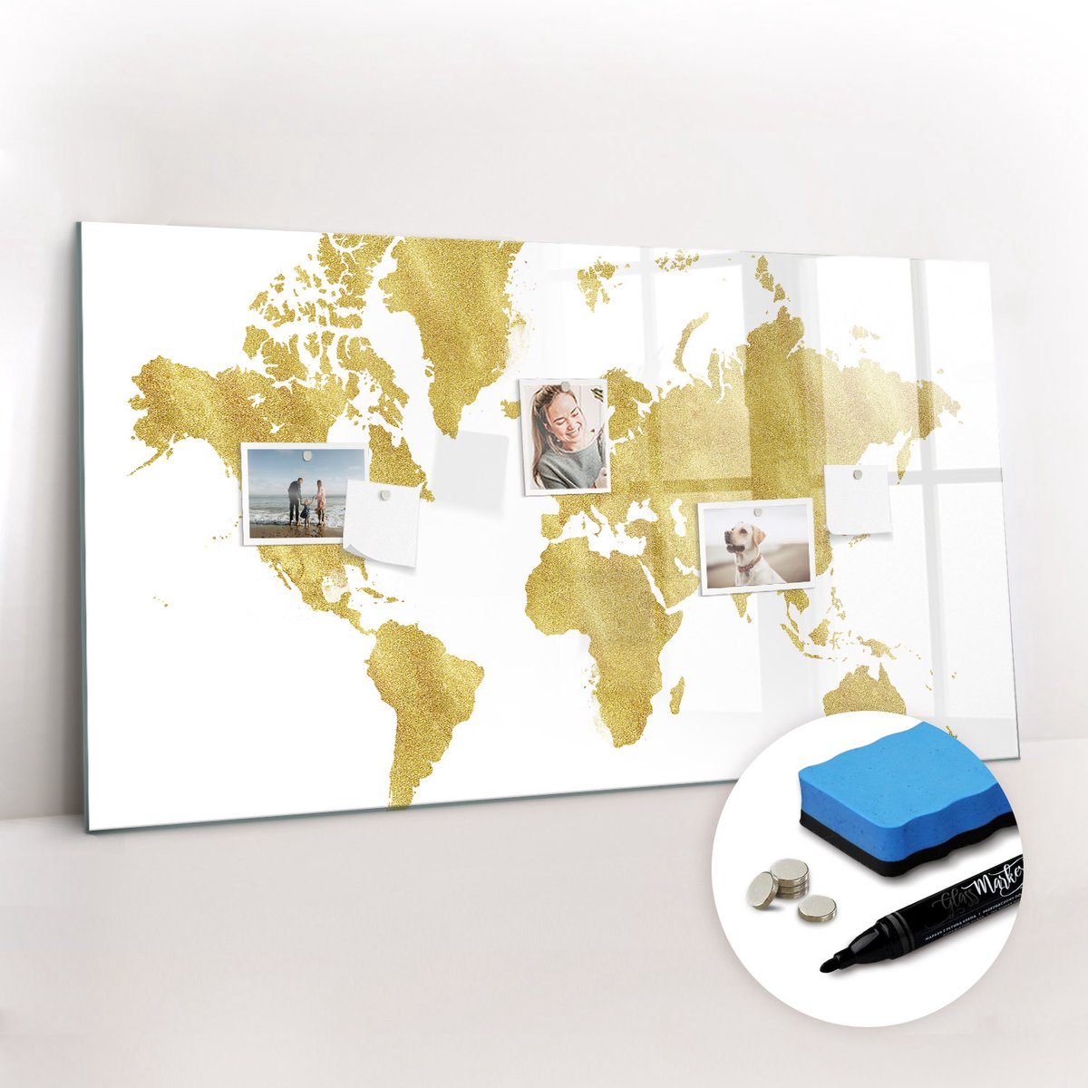 Tulup Whitebord - Gouden wereldkaart - 120 x 60 cm - Geel Magneetbord Rechthoekig - Gratis 5 Sterke Magneten + Whiteboard Marker & Wisser - Interieur Accessoires Kantoor - Magneetbord Design - Planning Muur