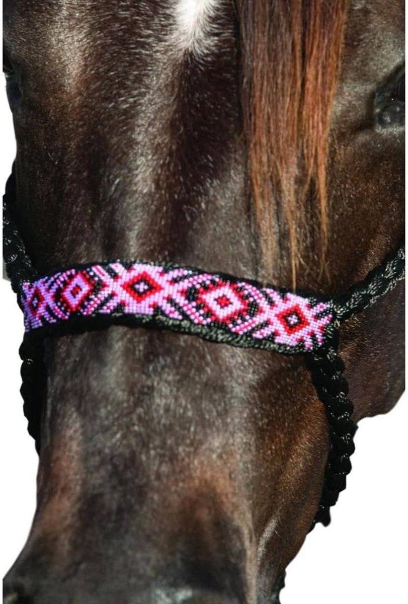 Cowboy Halster met Lijn - Paardenhalster Touw - Paarden Verzorgen - Gevlochten Design - 10 voet - Zwart/Roze