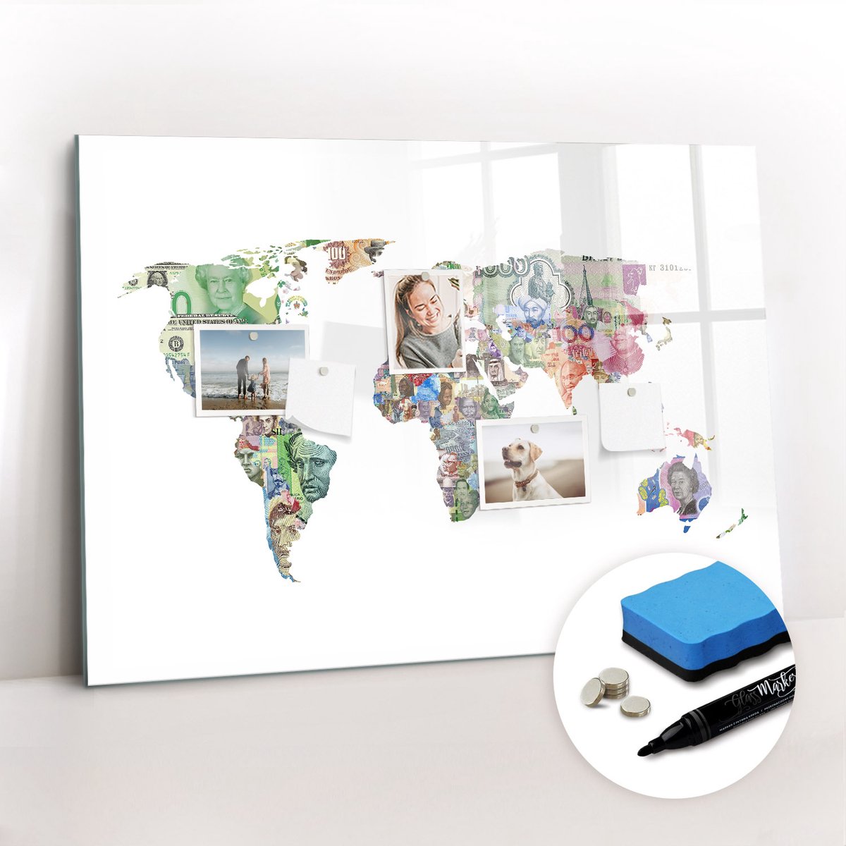 Tulup Whitebord - Wereldkaart van Banknew - 100 x 70 cm - Veelkleurig Memobord Glas - Inclusief Gratis Magneten & Marker & Spons - Decoratief Magnetisch Bord - Magneetbord Foto - Inspiratiebord Kantoor