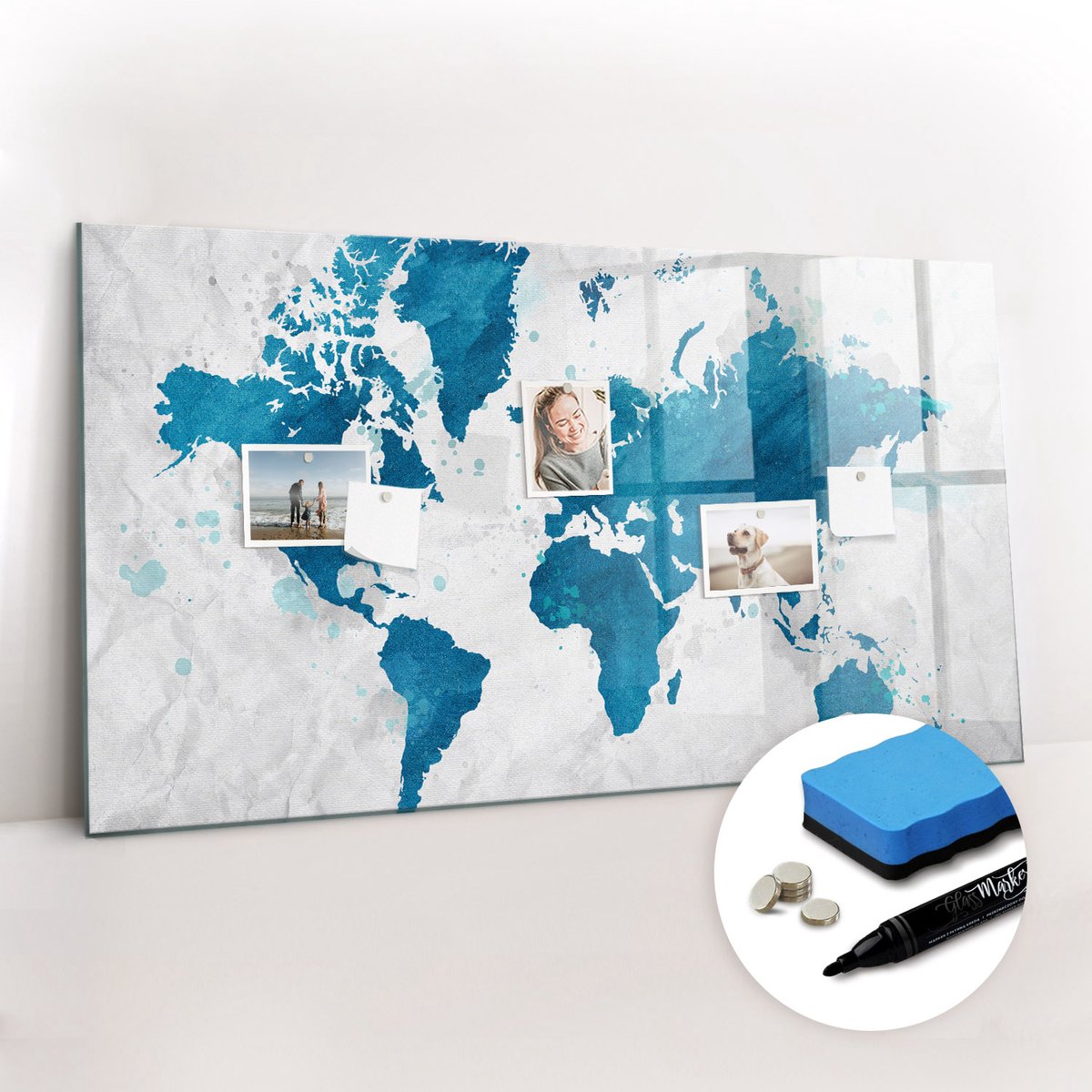 Tulup Whitebord - Wandatlas van de wereld - 120 x 60 cm - Blauw Magneetbord Keuken - Gratis 5 Sterke Magneten + Whiteboard Marker & Wisser - Minimalistisch Prikbord - Magnet Board - Planning Muur