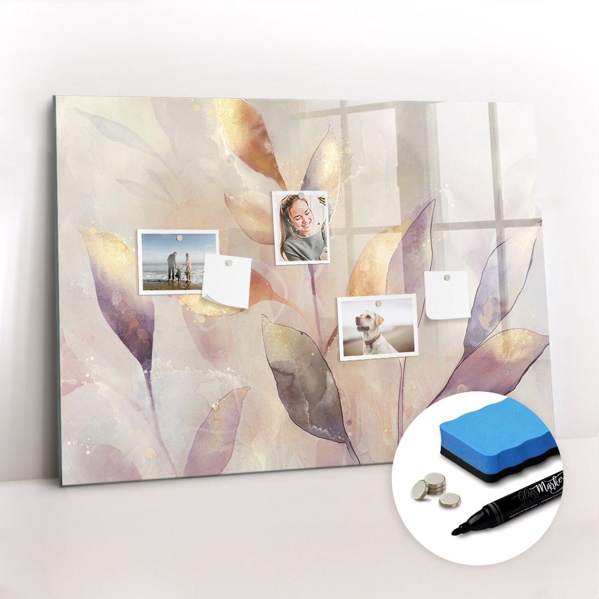 Tulup Whitebord - Aquarelplanten - 100 x 70 cm - Veelkleurig Magneetbord Muur - Gratis 5 Sterke Magneten + Whiteboard Marker & Wisser - Wanddecoratie Kantoor - Memobord Glas - Inspiratiebord Kantoor