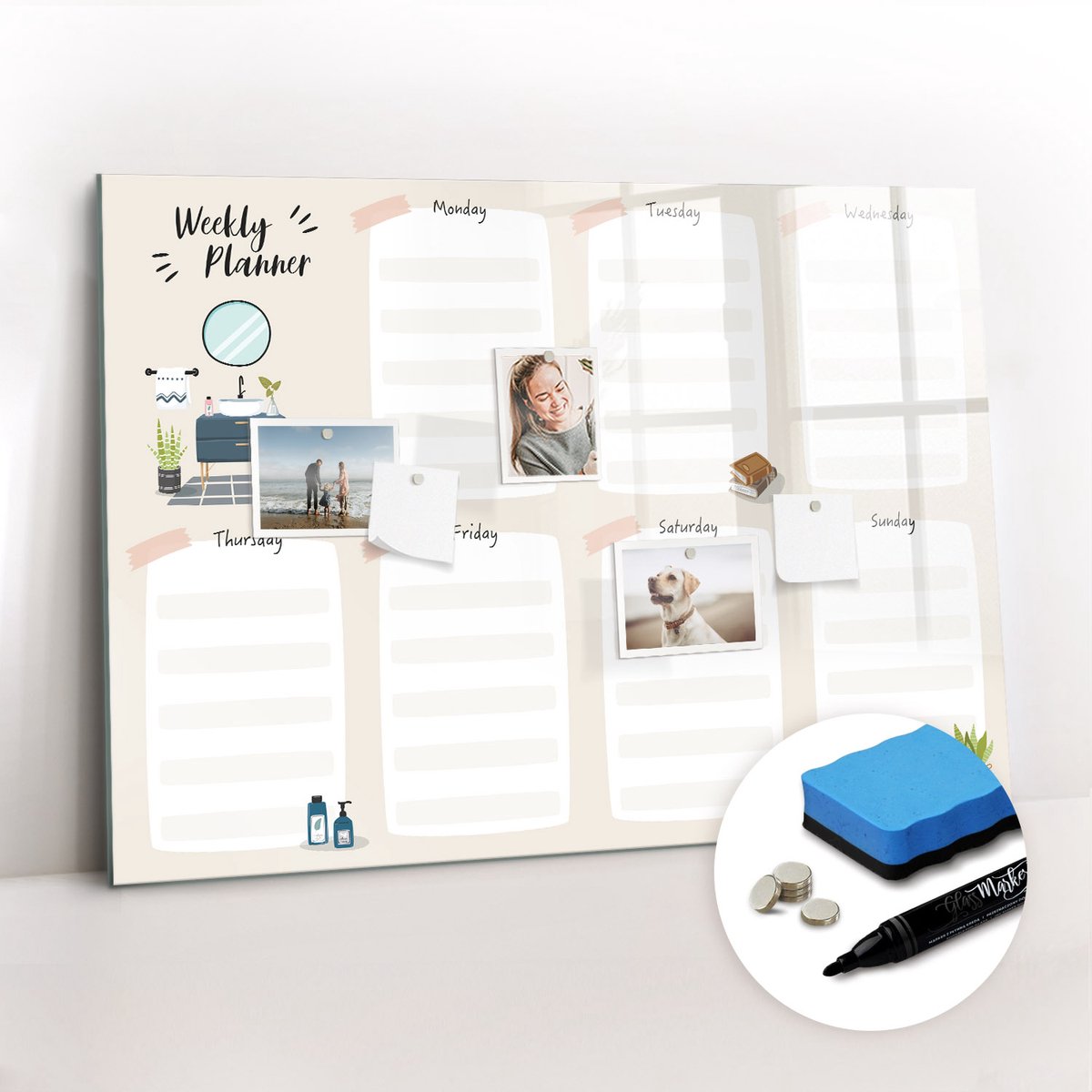 Tulup Whitebord - Weekplanner - 100 x 70 cm - Beige Memobord Keuken - Gratis 5 Sterke Magneten + Whiteboard Marker & Wisser - Scandinavisch Design Bord - Memobord Keuken - Organiseer Je Bureau