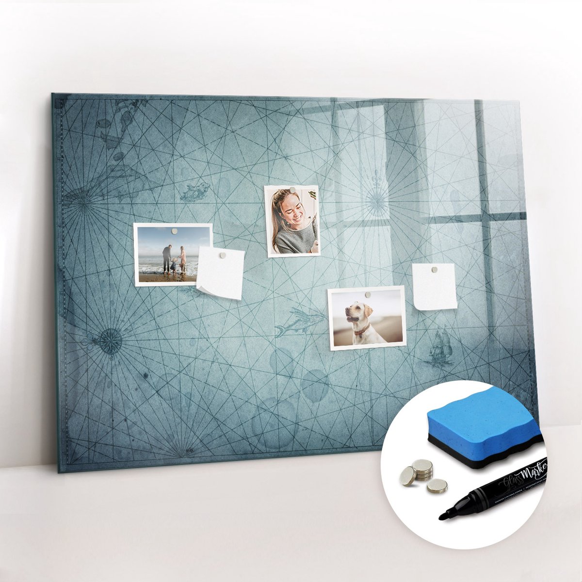 Tulup Whitebord - Vintage kaart - 100 x 70 cm - Blauw Memobord Magnetisch - Gratis 5 Sterke Magneten + Whiteboard Marker & Wisser - Industrieel Wandbord - Magnetisch Wandbord - Productiviteit Tools