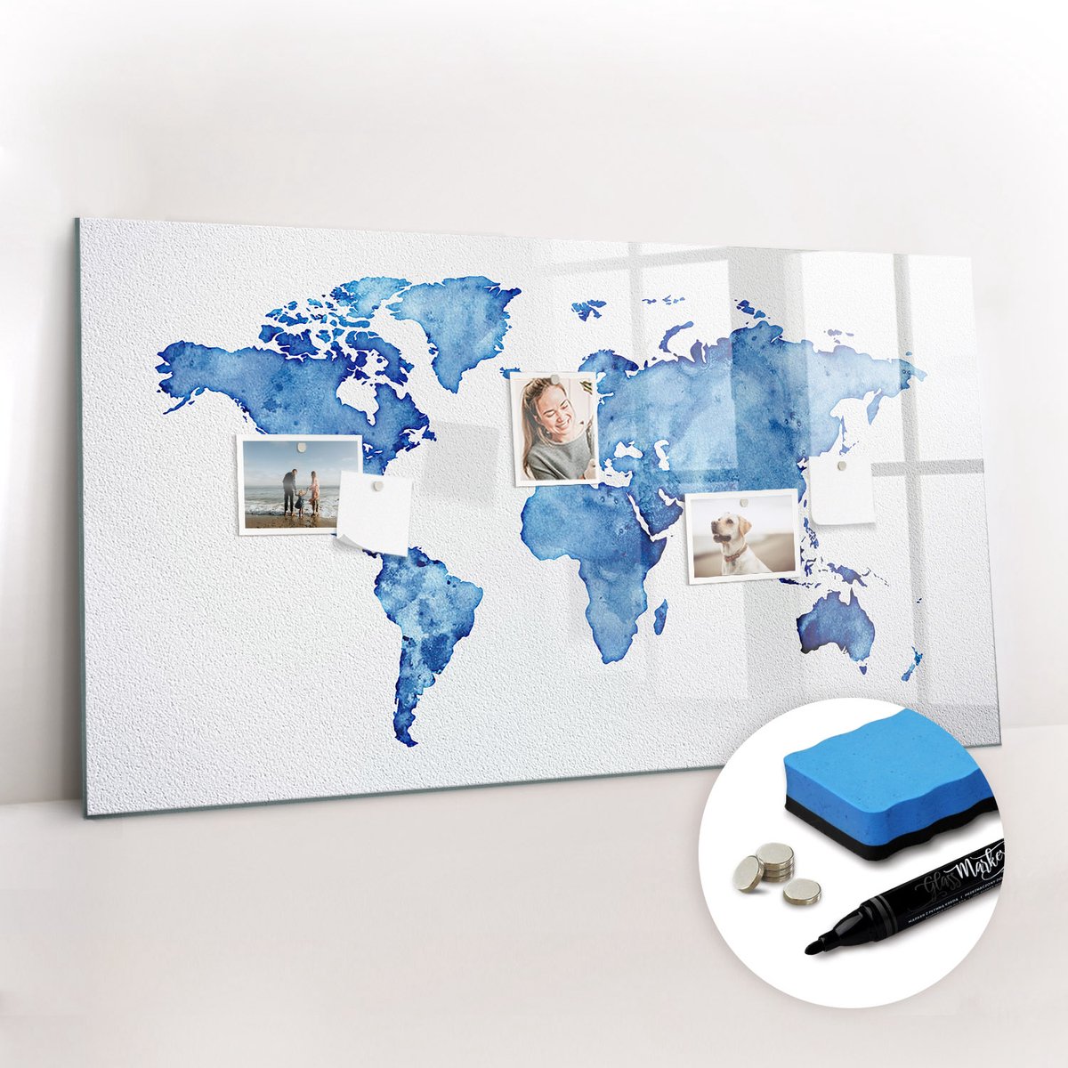 Tulup Whitebord - Pastel wereldkaart - 120 x 60 cm - Blauw Memo Bord - Gratis 5 Sterke Magneten + Whiteboard Marker & Wisser - Scandinavisch Design Bord - Magnetisch Wandbord - Organiseer Je Bureau