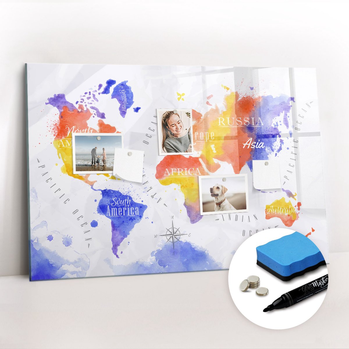Tulup Whitebord - Geschilderde wereldkaart - 90 x 60 cm - Veelkleurig Magnetic Board - Gratis 5 Sterke Magneten + Whiteboard Marker & Wisser - Minimalistisch Prikbord - Magnet Board - Planning Muur