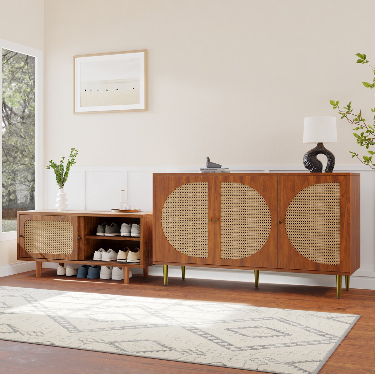 HAUSS SPOLE Dressoir Set - Rotan Opbergkasten Met Schuifdeuren En Deuren - Voor Woonkamer En Hal - Spaanplaat - Walnootkleur