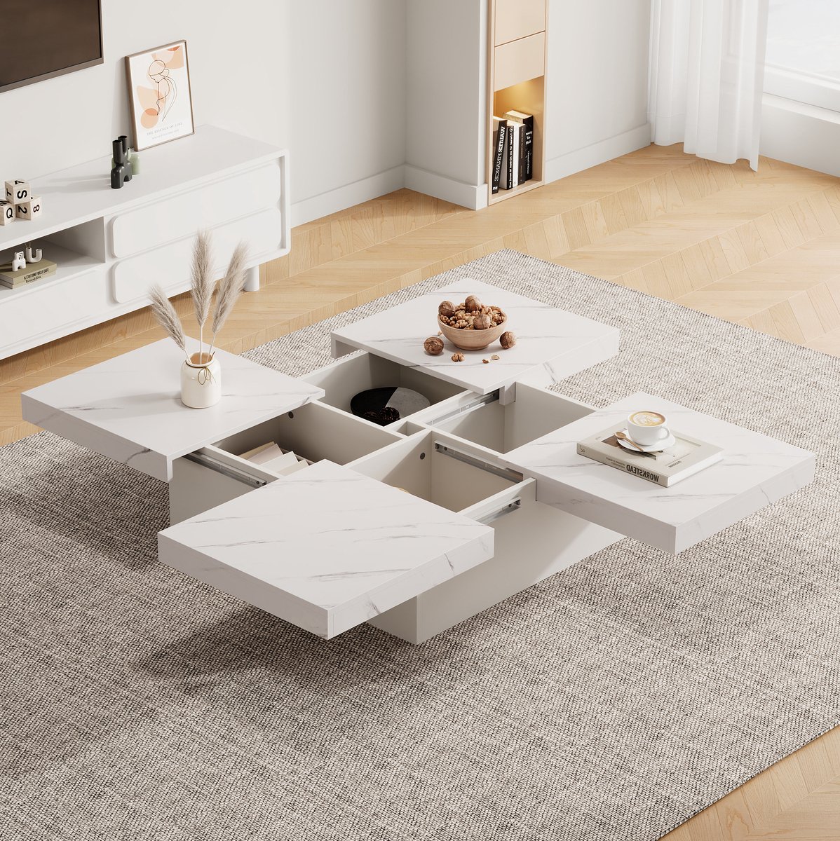 HAUSS SPOLE Salontafel - Vier Lades Met Schuifbaar Tafelblad - Voor Woonkamer - Spaanplaat Met Marmerlook - 90x90x25 Cm - Wit