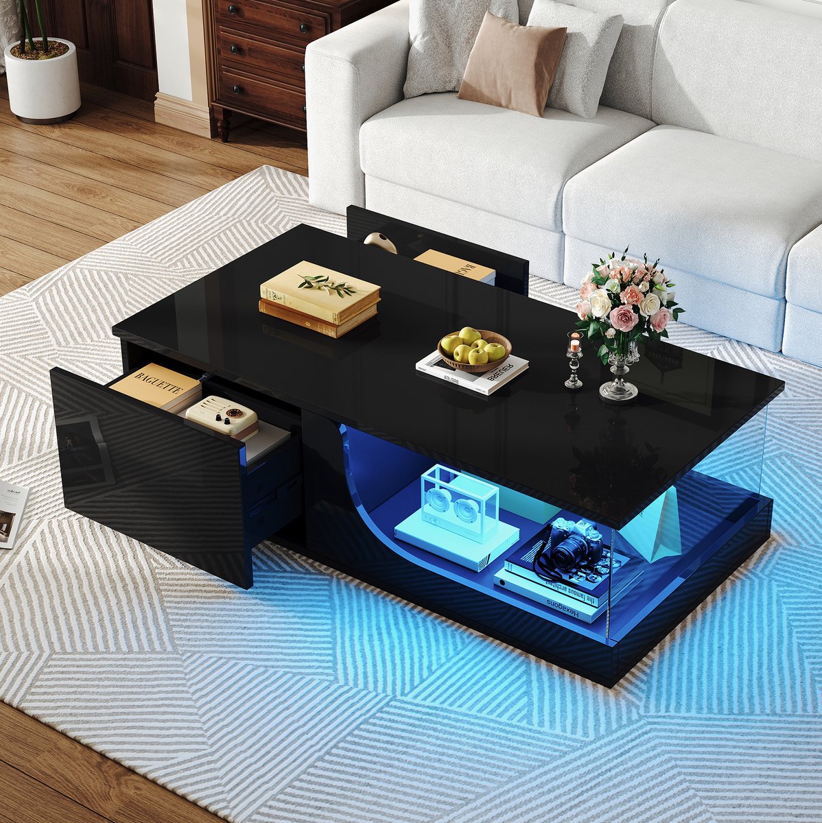 HAUSS SPOLE Salontafel - Hoogglans Met LED En 2 Lades - Voor Woonkamer En Werkhoek - MDF En Gehard Glas - 100x50x30 Cm - Zwart
