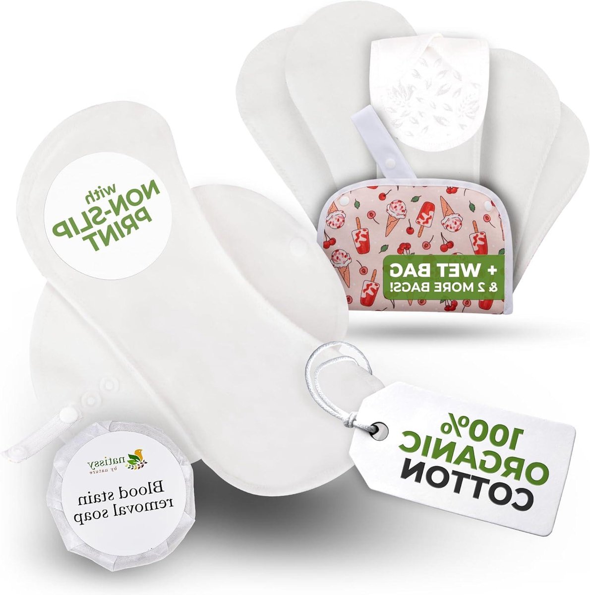 Herbruikbare Menstruatiepads - Wasbare maandverbanden - Duurzaam hygiënisch - Anti-slip print - 6 stuks - Wit