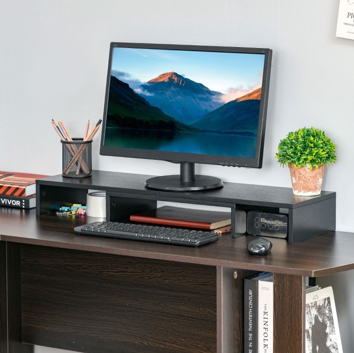 MEUNIQ Monitorstandaard 80-117 x 23,5 x 10 cm verstelbaar en draaibaar schermverhoger met 3 opbergvakken voor bureau, laptop of printer, zwart