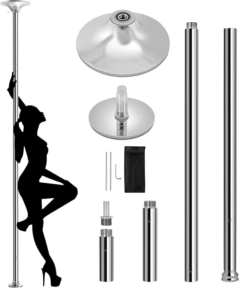 Dansstang - Pole dance stang - Thuis sporten - Statische of draaifunctie - 2165 tot 275 cm - Zilver
