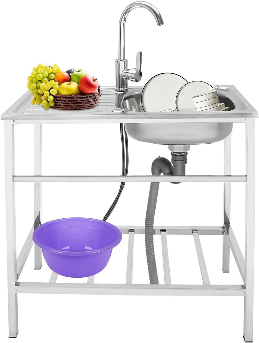 Keukenspoelbak met Werktafel - Spoelbak RVS - Keuken Reinigen - Dubbele Spoelbak - 75 x 40 x 76 cm - Zilver