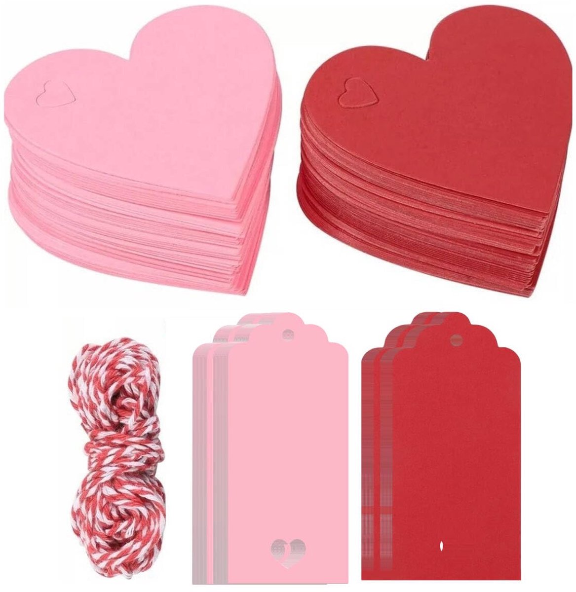 200 stuks hartvormige kraftpapieren hangers, roze cadeauhangers, hart kraftpapier hangers etiketten rood en katoenen koord 20 m voor feest verjaardag Valentijnsdag Kerstmis bruiloft (4 stijlen)