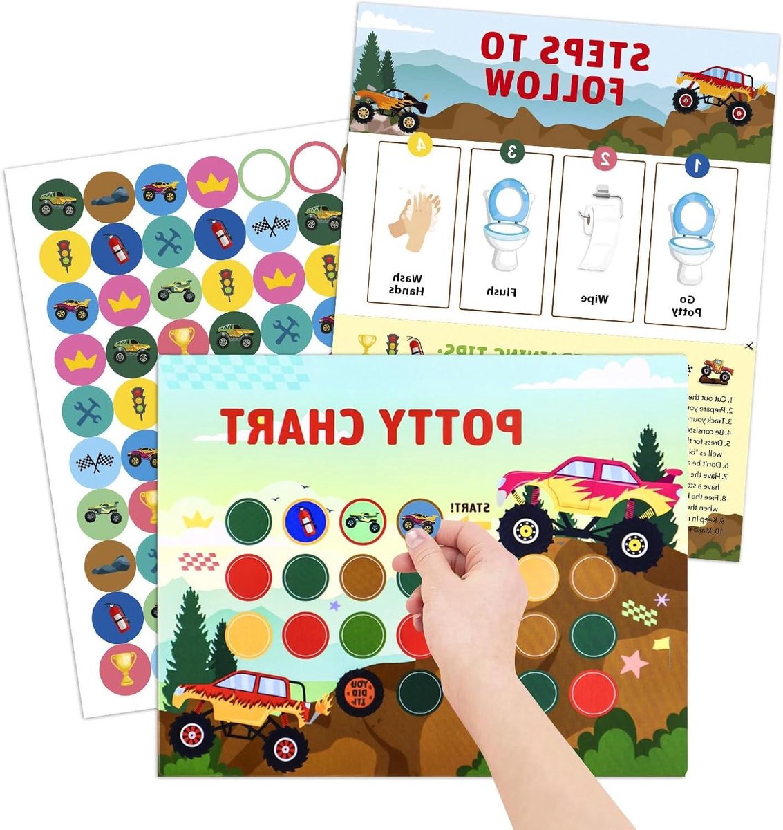 Potty Training Kaarten - Beloningskaarten Kinderen - Zindelijkheidstraining - Monster Truck Thema - 10 Stuks - Meerdere kleuren