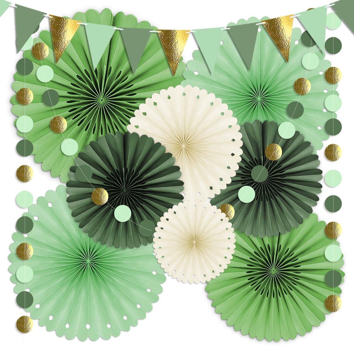 Tuinfeest, Zomer Buitenfeest, Retro Boho, Verjaardagsdecoratie Groen - 10 stuks Frisse en stijlvolle papieren waaierdecoratie