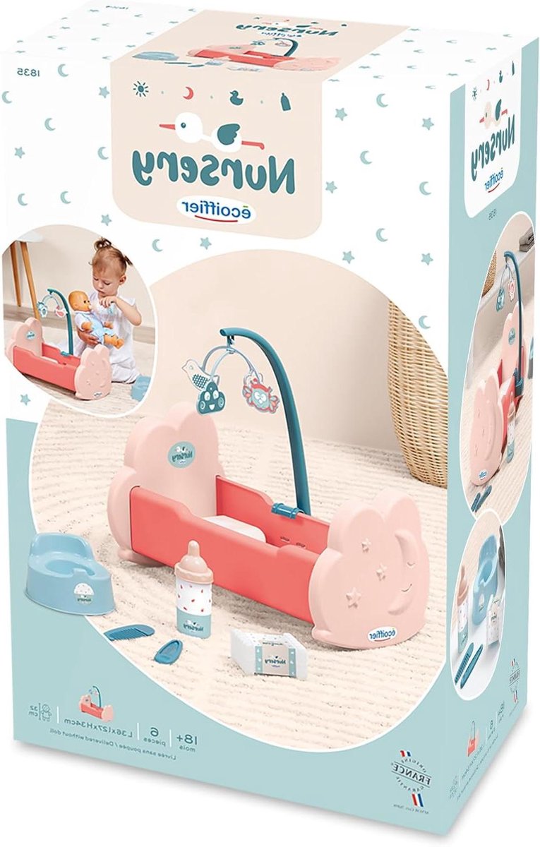 Poppenbedje met Accessoires - Babybedje Speelgoed - Baby Verzorgen - Inclusief Mobiel - 36 x 27 x 34 cm - Wit