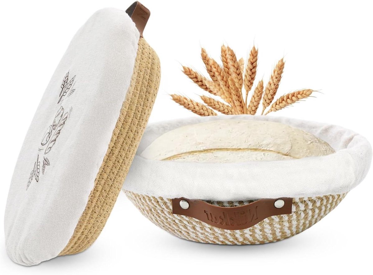 Rijsmand Set - Brood Mandjes - Zuurdesem Brood Bakken - Ademend Katoen Ontwerp - 9" Rond + 10" Ovaal - Natuurlijk