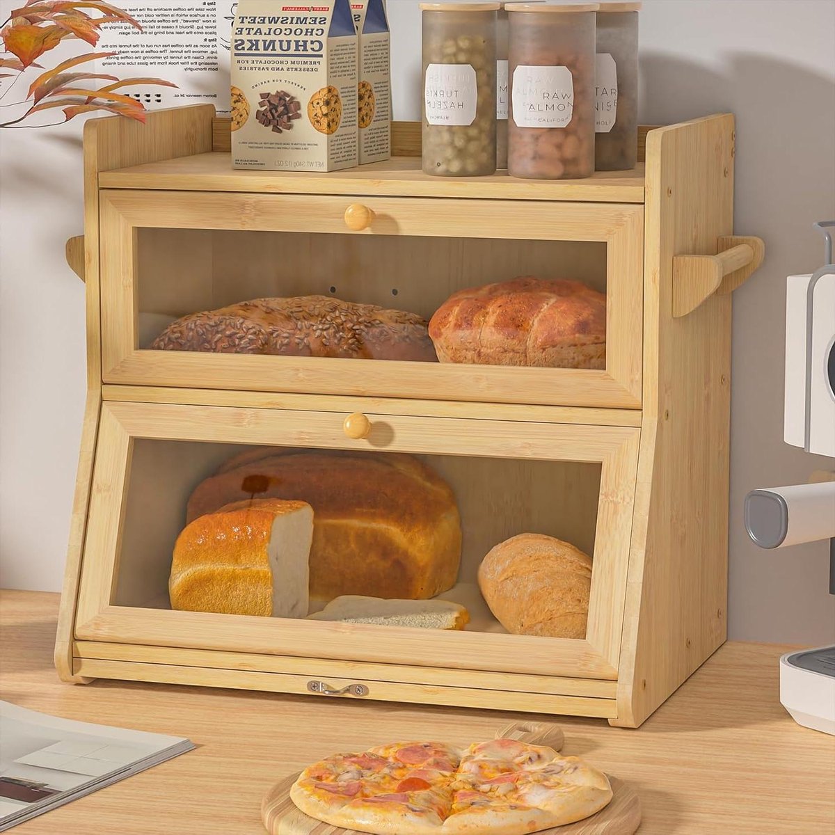 Broodtrommel Hout Bamboe - Brooddoos Opslag - Brood Vers Houden - Dubbele Etages - 40 x 38 cm - Natuurlijk