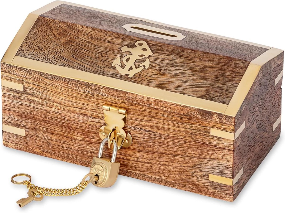 Maritieme Spaarpot - Nautische Schatkist - Geld Bewaren - Met Slot - 15 x 8 cm - Houtkleurig