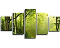 Canvas Schilderij Vijfluik - Wanddecoratie Hout - Woonkamer Aankleden - Echt Houten Frame - 160 x 80 cm - Bos