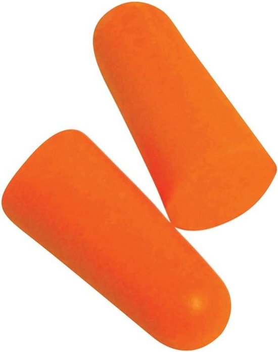 Twee oranje oordoppen met taps toelopende uiteinden, op een witte achtergrond.