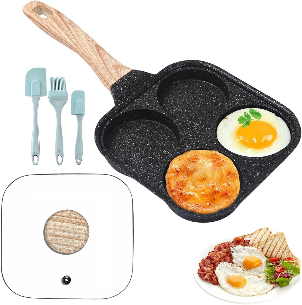 Spiegeleipan 4 Gaten - Hamburgerpan Koekenpan - Ontbijt Bakken - Antiaanbaklaag - 37 cm - Zwart