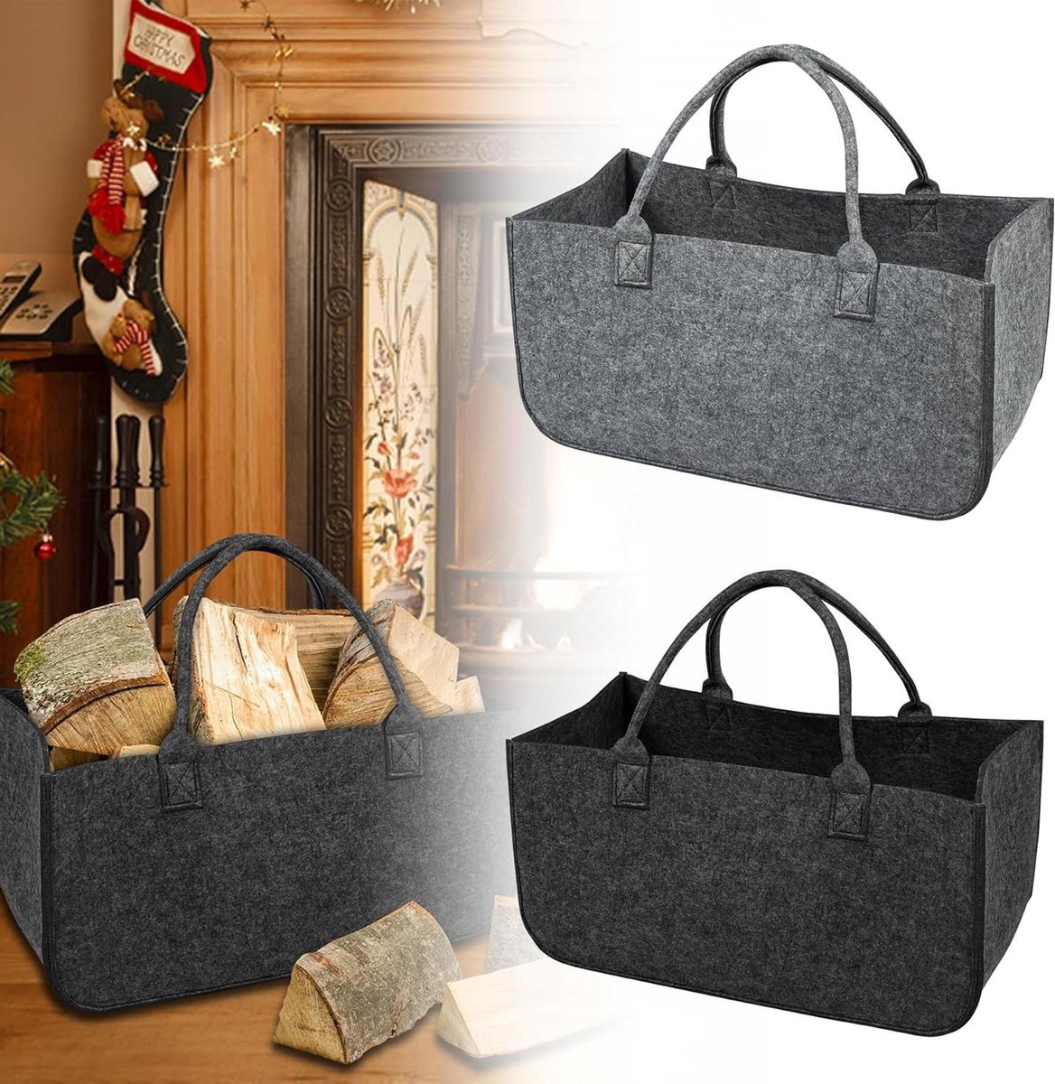Opvouwbare Haardhouttassen - Vilten Brandhoutmand - Haardhout Transport - Opvouwbaar Ontwerp - 50 x 25 x 25 cm - Donkergrijs
