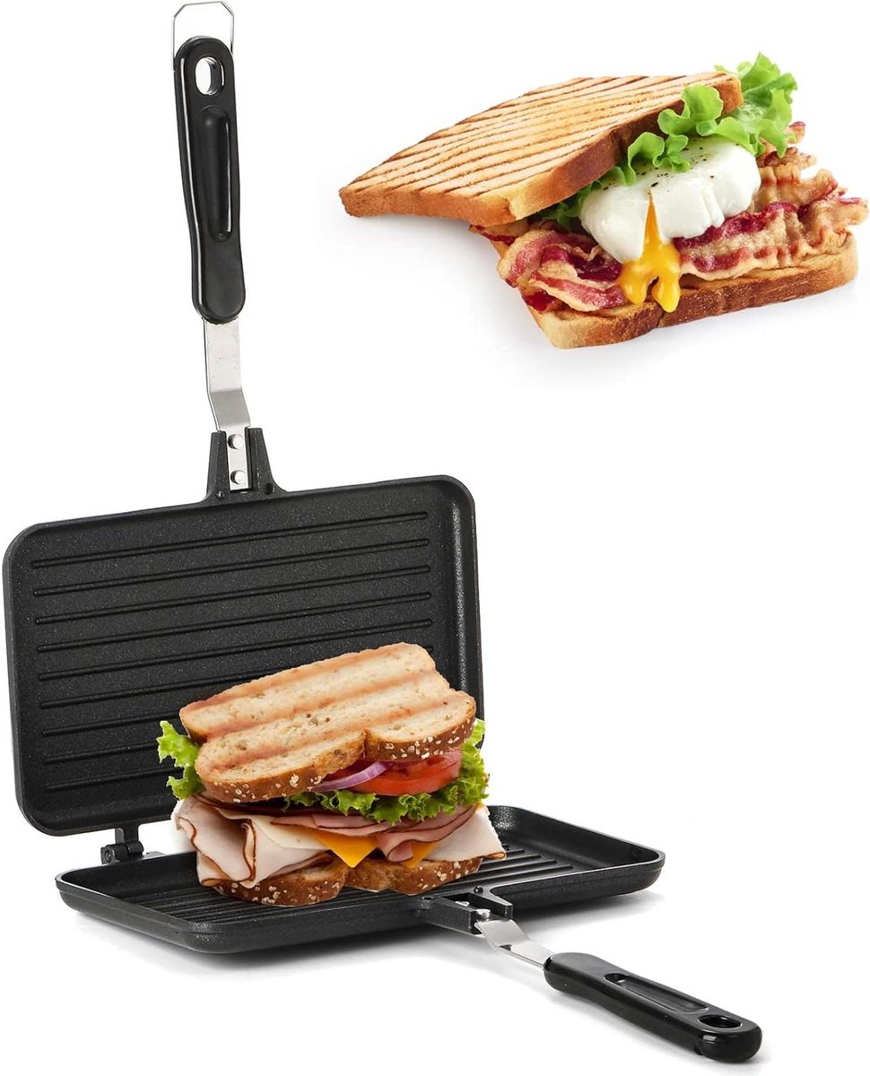 Sandwich Pan - Grill Pan Wafelijzer - Ontbijt Maken - Dubbelzijdig Verwarmen - 24 cm - Zwart