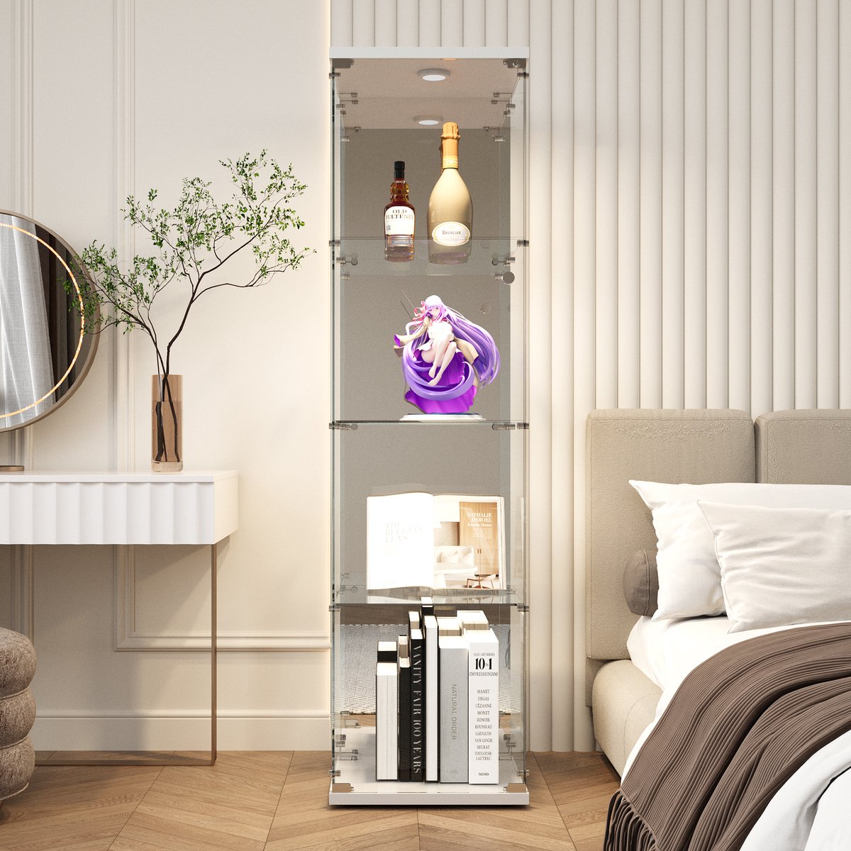 Vitrinekast 4 niveaus gehard glas 42,5x36,5x164 cm, opbergkast, boekenkast, kast met spiegel en LED verlichting, woonkamer kantoor, wit