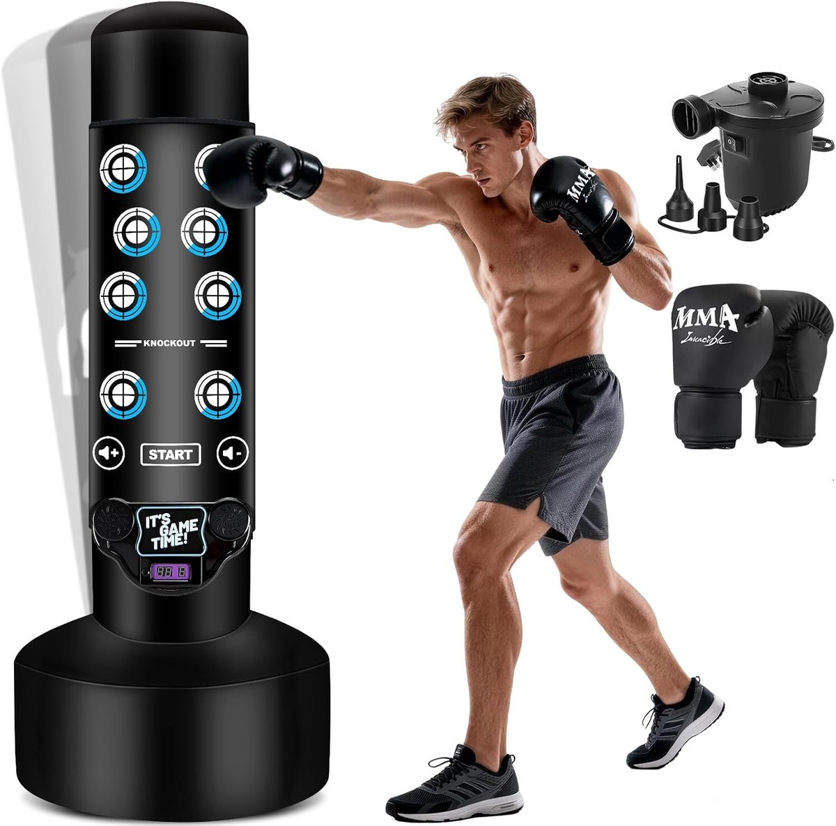 Verbeterde Bokszak voor Volwassenen met Interactieve Muziekmat, 175 cm Hoog, Inclusief Score, Licht, Muziekpad, Bokshandschoenen en Elektrische Luchtpomp, Ideaal voor Kickboksen en MMA Training voor Beginners