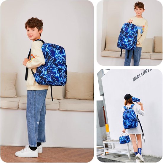 Jongen met blauwe rugzak met bliksemprint. Meisje met rugzak met bliksemprint en bijpassend tasje.