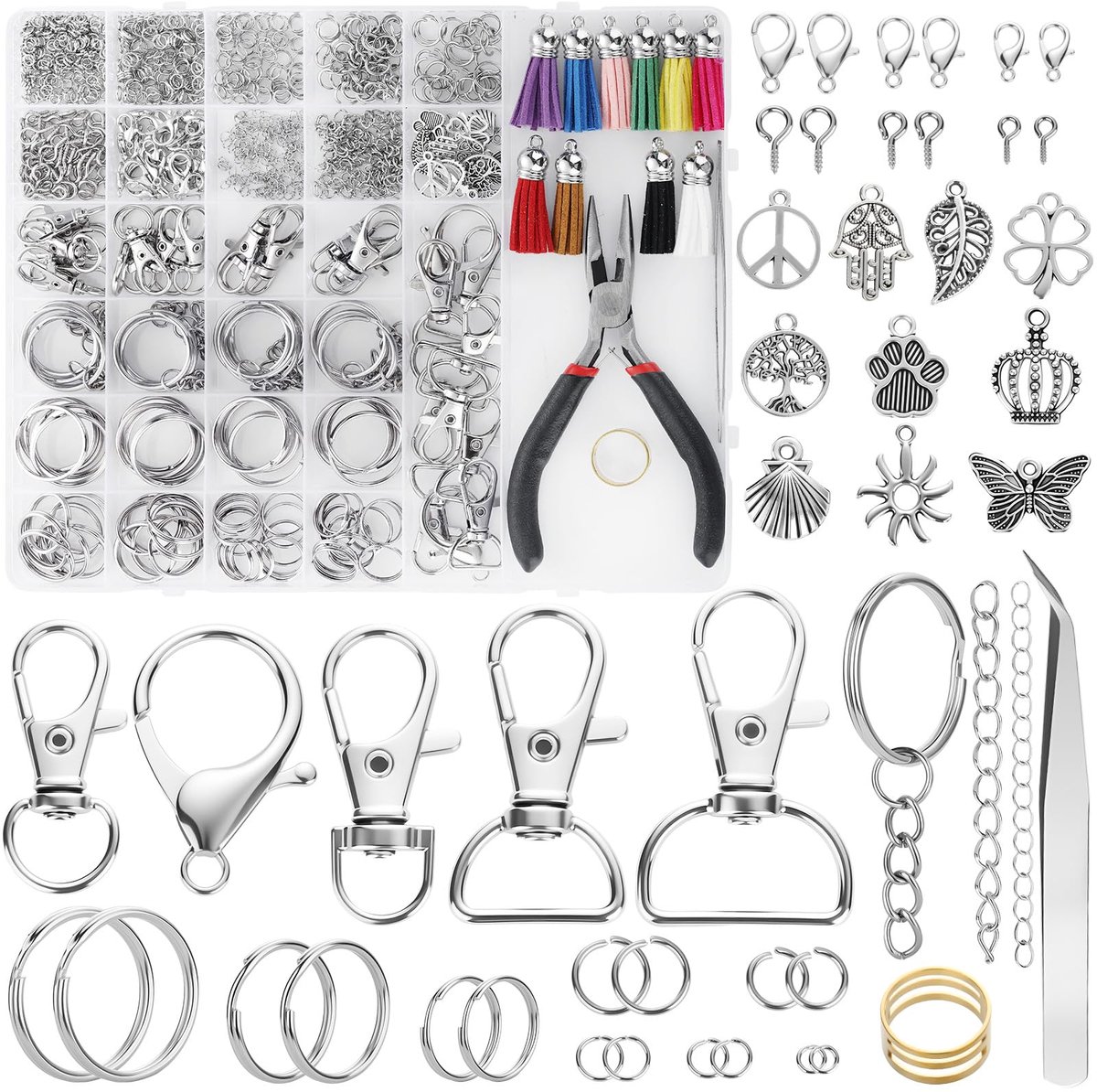 740 stuks sleutelhangerset, sleutelring van roestvrij staal, doe-het-zelf sleutelhanger, sleutelkoord met kleine karabijnhaak, knutselen, ringen, karabijnhaak, draaischarnier, accessoires.