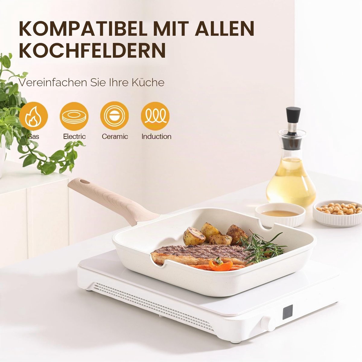 Antiaanbak Grillpan voor Inductiekookplaat, 24 cm Vierkante Grillpan voor Binnengebruik, Steakpan met Gezonde Coating en Schenktuiten, PFOA-vrij, Wit