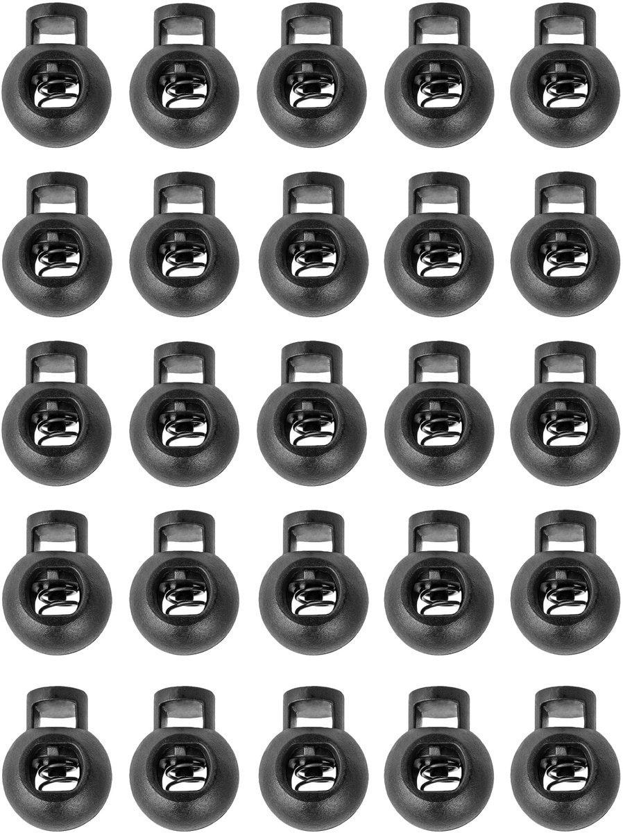 Barcelona Ronde koordstopper, zwart, 22 mm, kunststof koordsluitingen, koordklem, elastische koordsluiting, sporttassen, jassen, rugzakken, koordvergrendeling