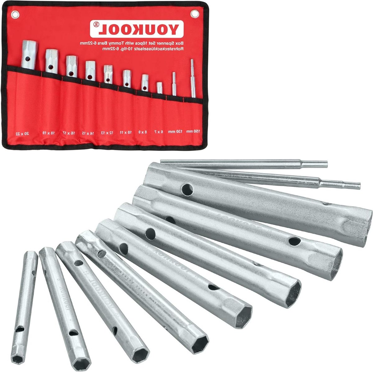 10-delige loodgietersleutel set - dubbele steeksleutel voor douchekleppen en bougies, 6-22 mm maten