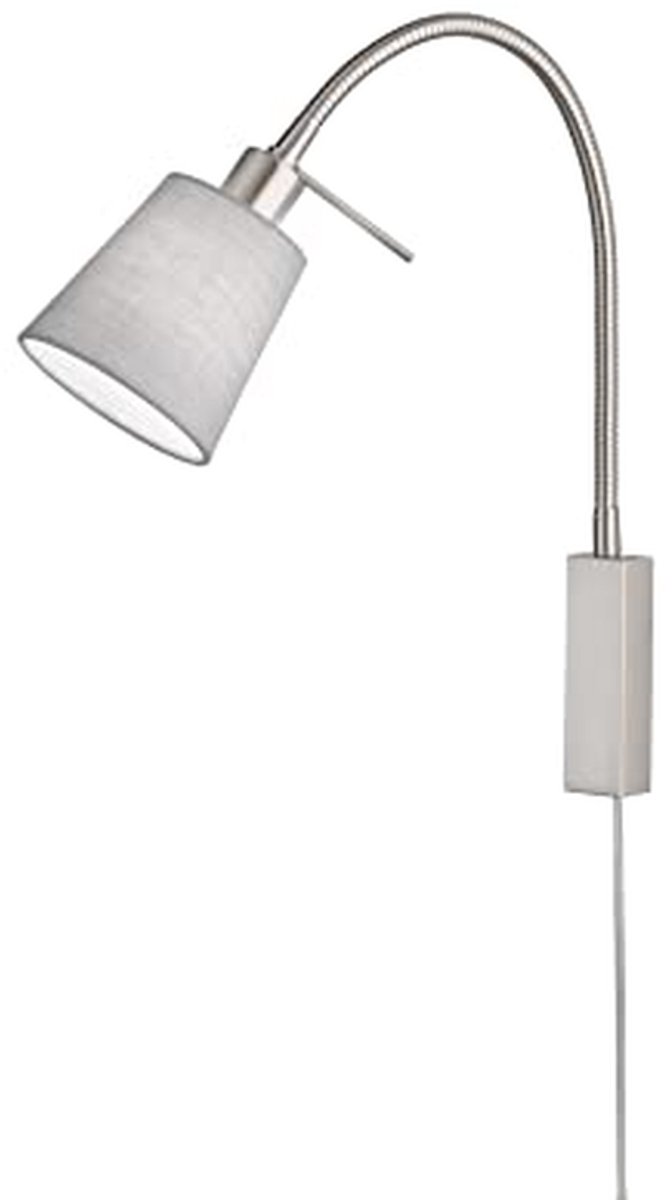 Wandspot Flex Bedlamp Wolk – Mat Nikkel | Grijze Chintz Kap | E14 Max 10 Watt | 40 cm Hoogte