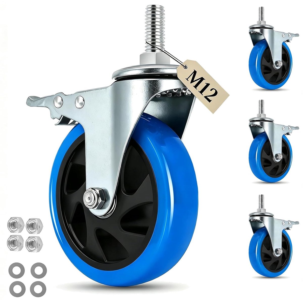Zwenkwielen met rem, 4 stuks meubelwielen met M12 x 1,75 x 30 mm schroef, zware wielen, transportwielen, 360° rotatie tot 700 kg, meubelwielen schroefdraad M12 voor wagen, meubels, grill