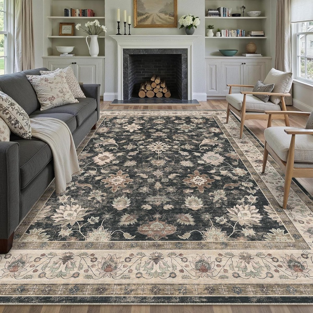 Zwart tapijt voor woonkamer, 200 x 300 cm, slaapkamer, machinewasbaar, grote tapijten, woonkamer, kantoor, modern, bloemen, laagpolig, antislip, tapijt