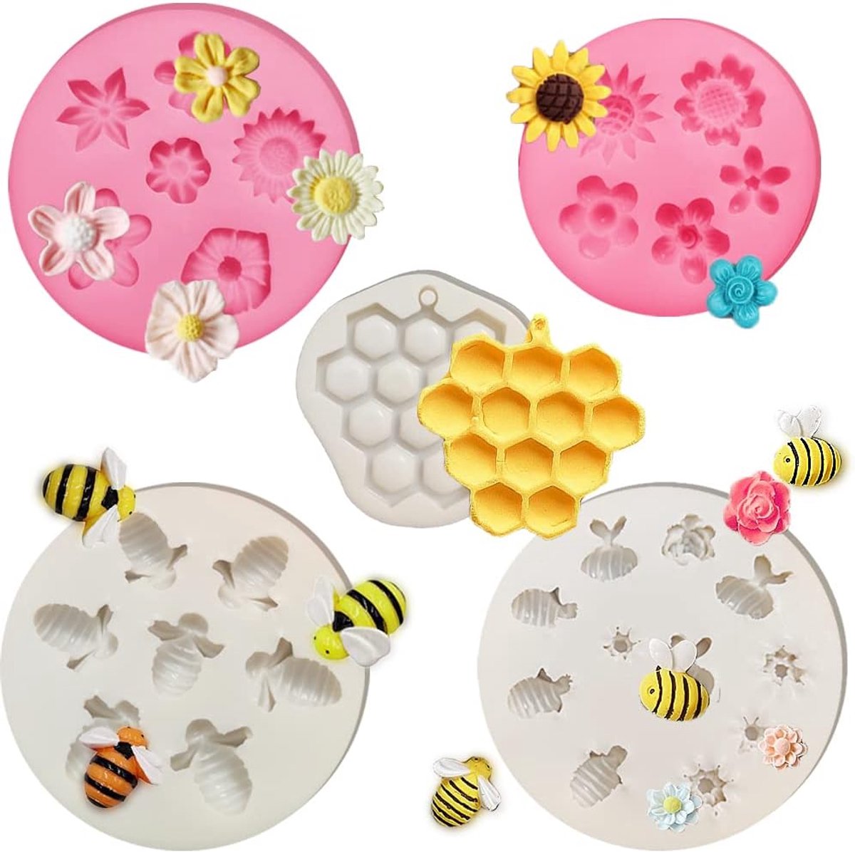 Siliconen Honingraat Bakken Chocolade Mallen voor Verjaardagsfeestje Decoratie DIY Cake Topper Snoep Koekjes Polymeer Klei Crafting Project 5 Stuks Hommels