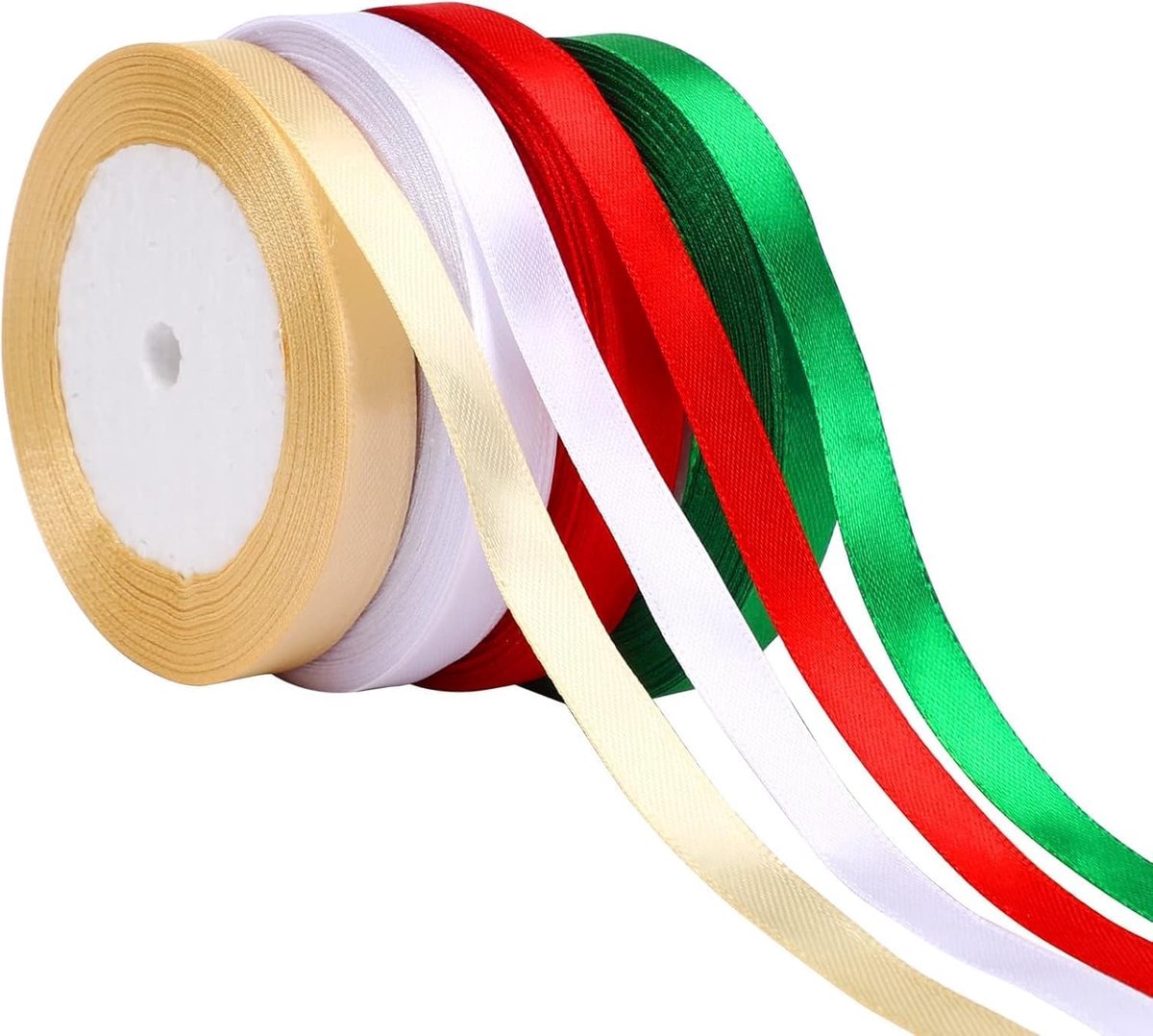 4 rollen kerstlint, kerstbanden, 1 cm breed, 88 meter satijnen lint rood, groen, goud, wit, kerstbanden, decoratieve linten, kerstcadeaulinten voor doe-het-zelf handwerk