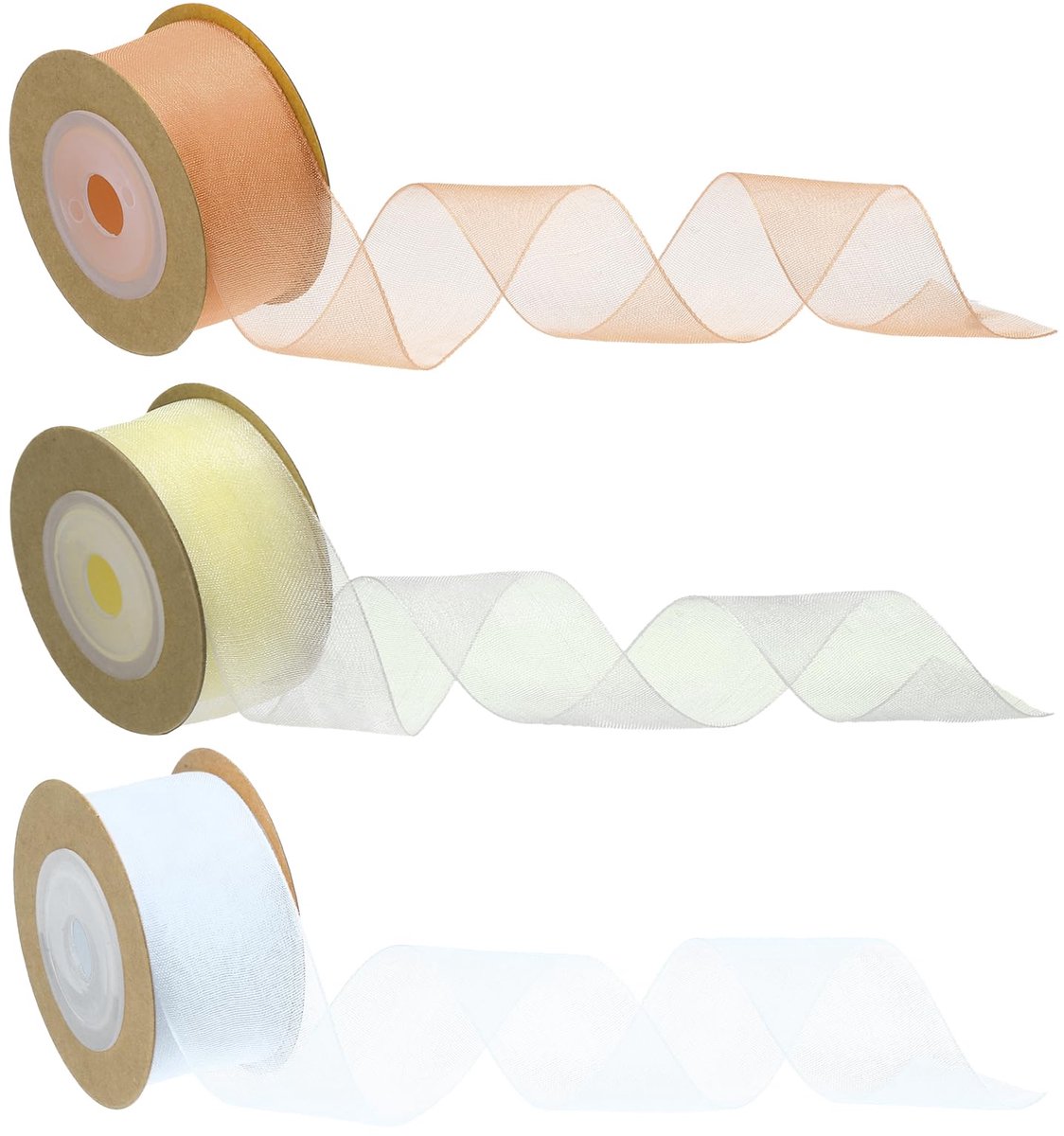 Organza Lint, 3 rollen organza lint, 2,5 cm, 2,5 m, doorschijnend lint voor het verpakken van kerstboom, ambachten, strikken, bruiloftsarmbanden, melkwit, goud, zilver