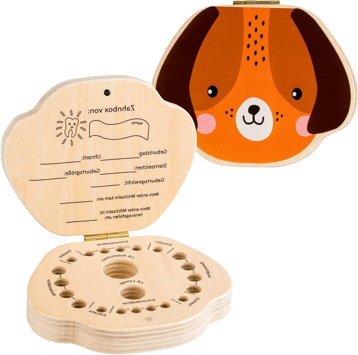 Tandendoos Hout - Melktand Bewaardoos - Herinneringen Bewaren - Met Pincet Inclusief - 14 x 14 cm - Hond Design