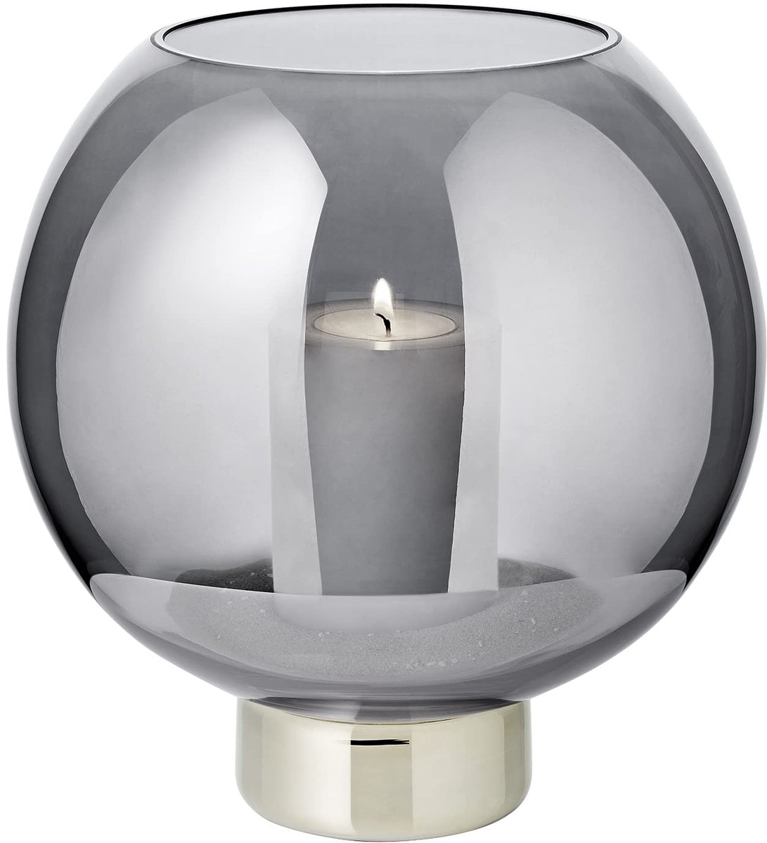 Windlicht Jack (h 21 cm, Ø 19,5 cm), bolvormig, Donker kristalglas met platina rand, voor pilaarkaars