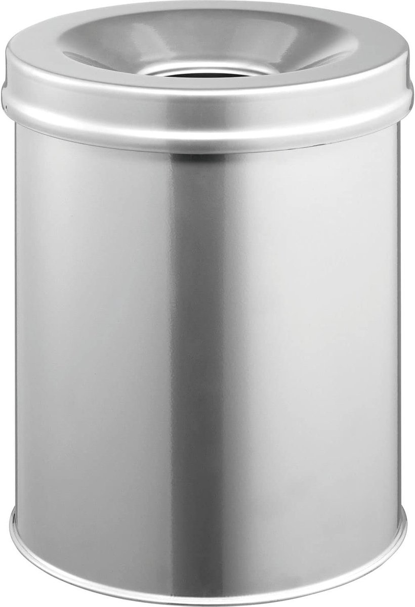 Afvalbak - Prullenbak Rond - Veilig Afval - Vlamdovend Deksel - 15 Liter - Zilver