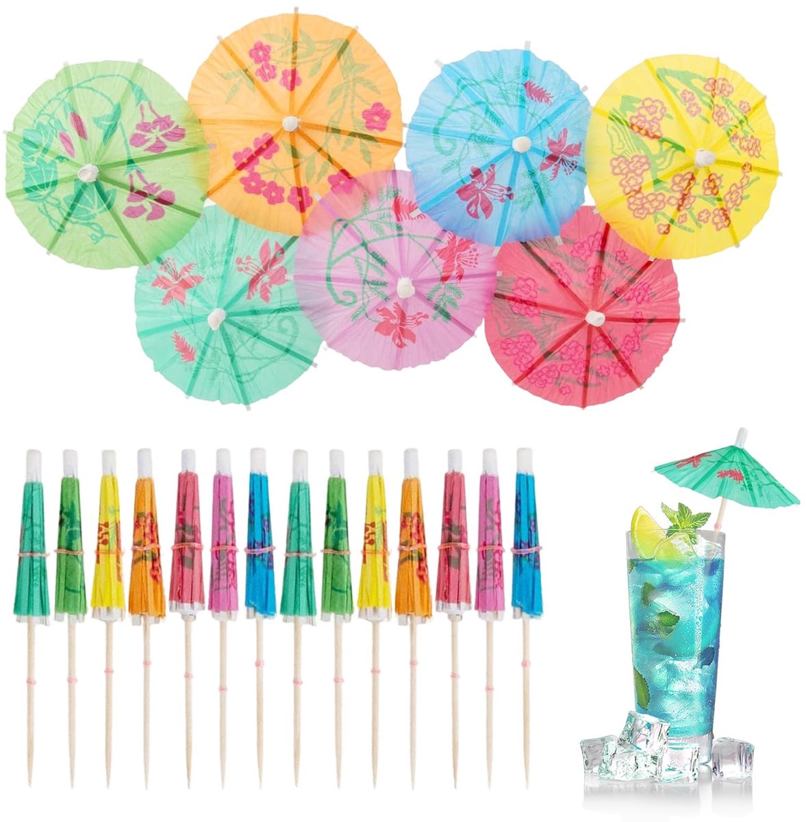 50 stuks cocktailparaplu's, cocktaildecoratie, decoratieve tandenstokers voor decoratieve drankaccessoires, feesten, desserts, buitenactiviteiten (kleurrijk A)