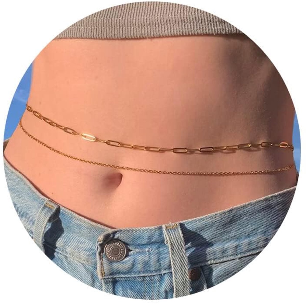 Buikketting goud dames 14 karaat vergulde heupketting pailletten gelaagd bikini kristal tailleketting verstelbare boho Belly Waist Chain lichaamssieraad voor vrouwen en meisjes