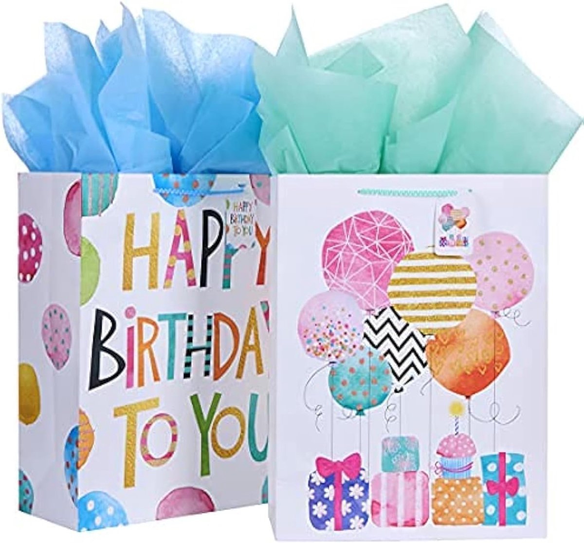 grote geschenkzakjes voor Happy Birthday Party met ballonontwerp voor meisjes en vrouwen, papieren zak voor verjaardag, kinderen, dames en moeders geschenken met vergulde design cadeautas