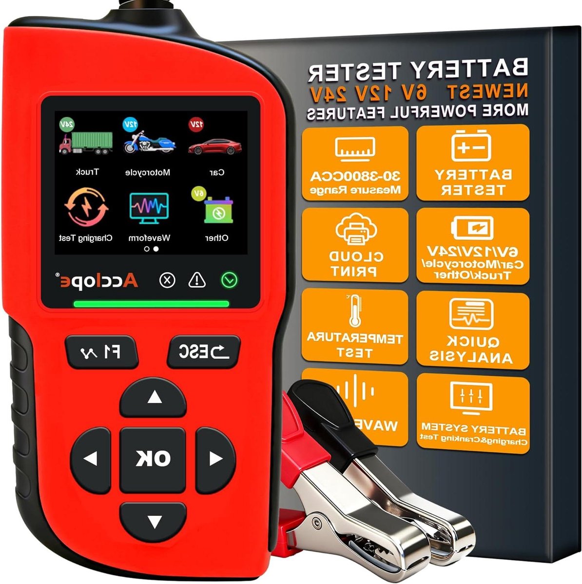 Accutester - Batterijtester - Voertuigonderhoud - Cloud Print Rapport - 6-24 V - Zwart